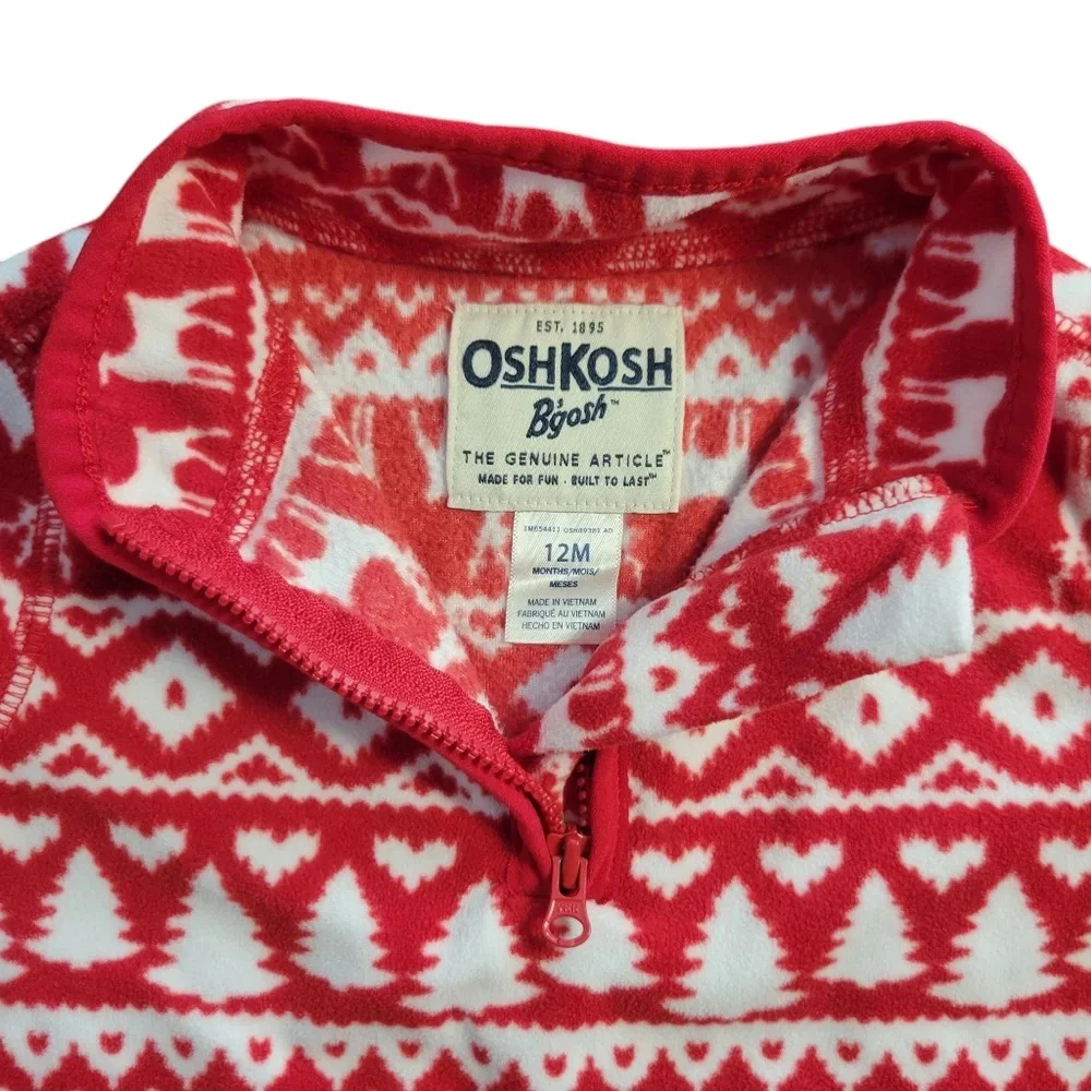 OshKosh B'gosh Fleece Half-zip Christmas Jacket Reindeer Trees Hearts Girl's 12m